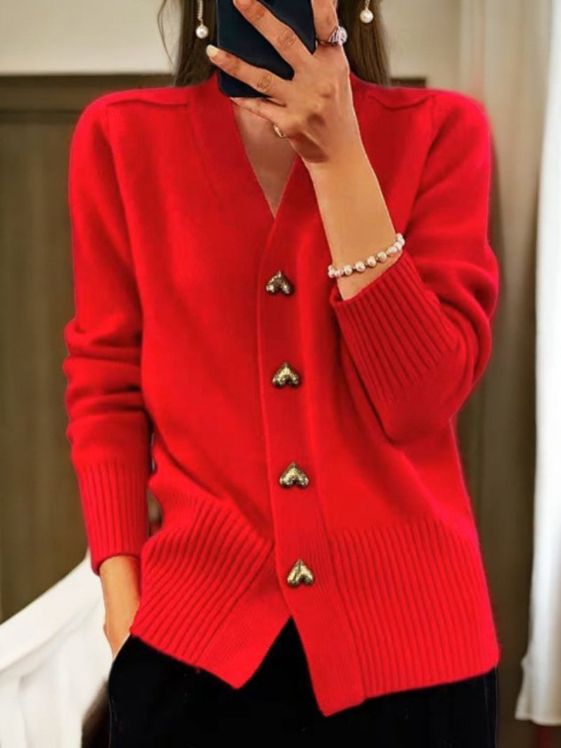 Stylish button-front winter cardigan for women. Cozy long-sleeve knit sweater for elegant casual & comfy winter looks.