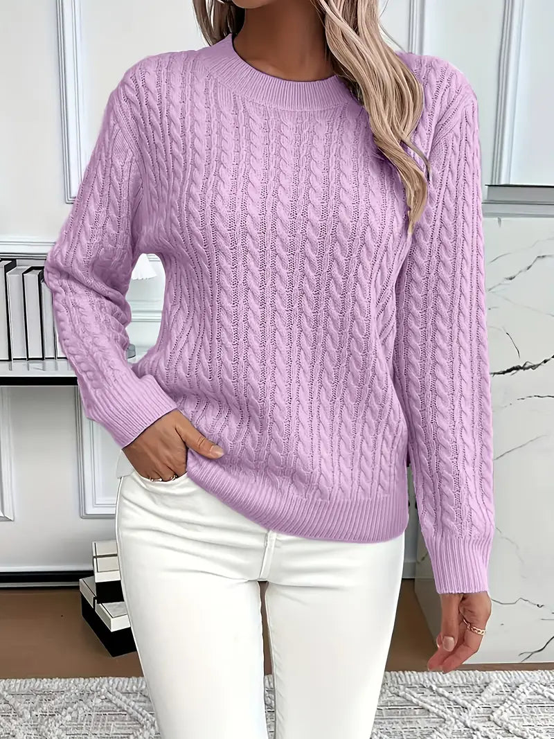 Classic cable knit sweater for women, long sleeve, perfect for a cozy, warm, and elegant winter fashion statement.