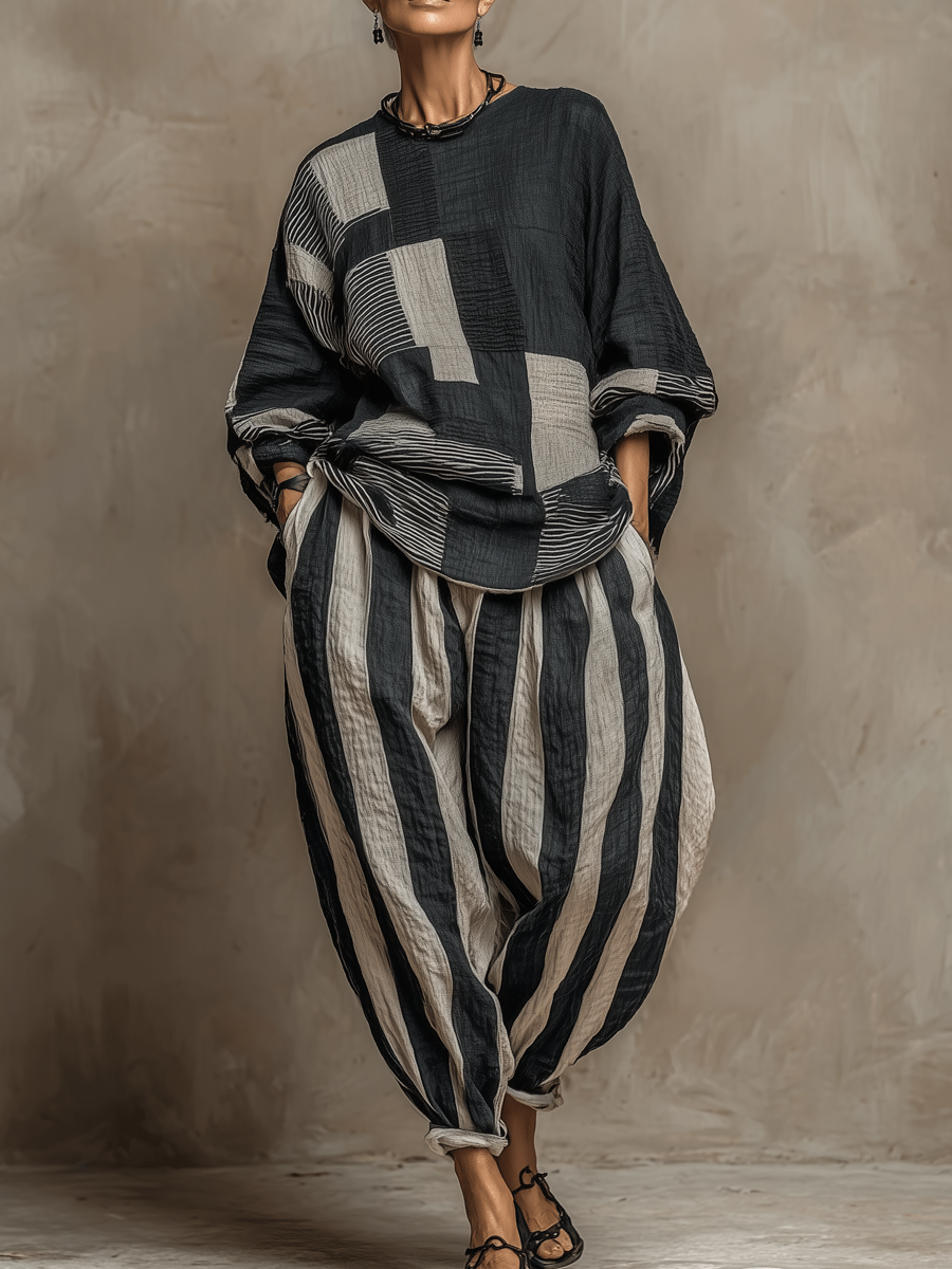 Women's cozy colour-block long sleeve top & striped lounge trousers. Stylish two-piece fall winter casual set.