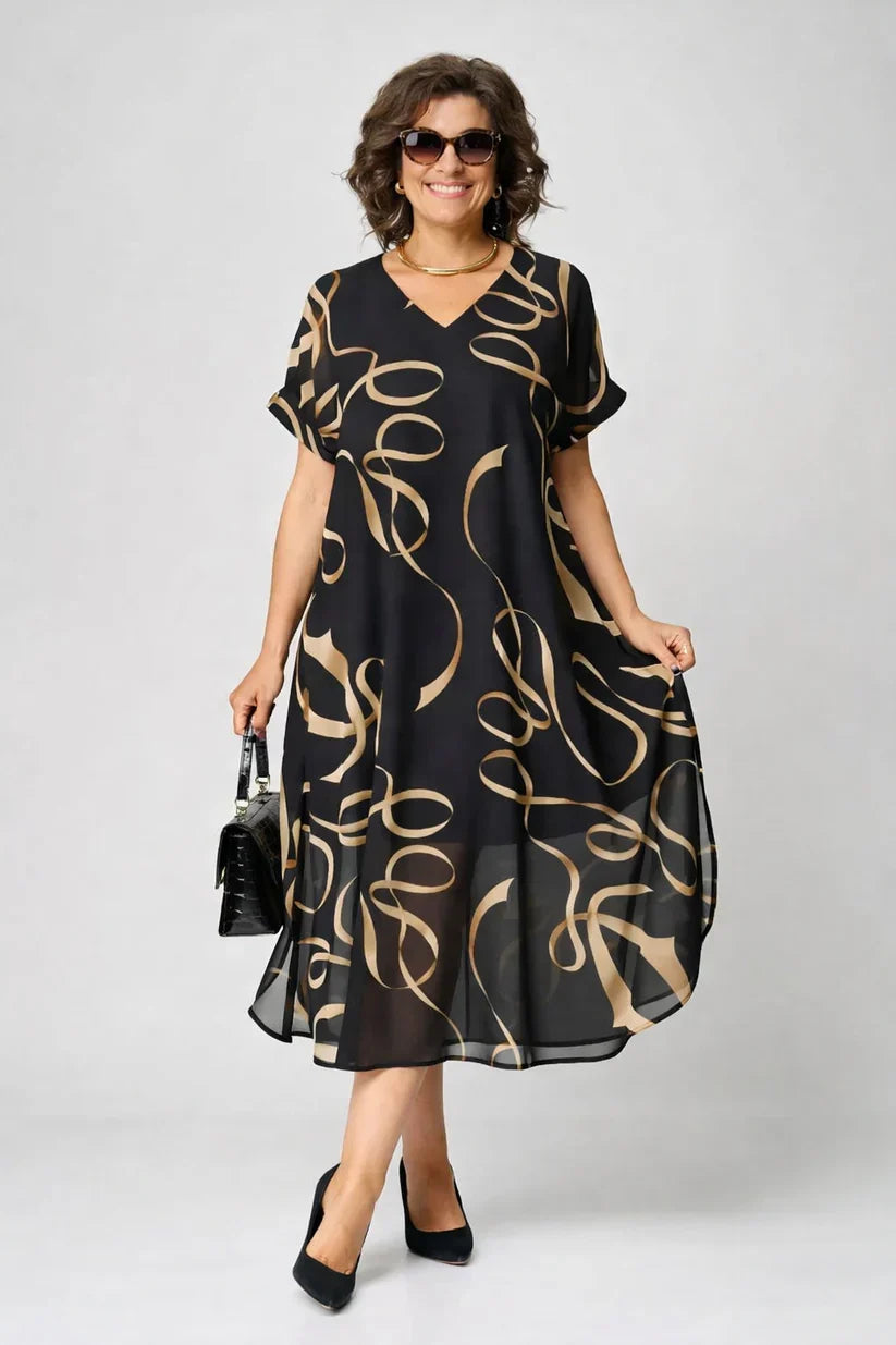 Women's cozy elegant long sleeve midi dress with v-neck, perfect for fall and winter casual wear.