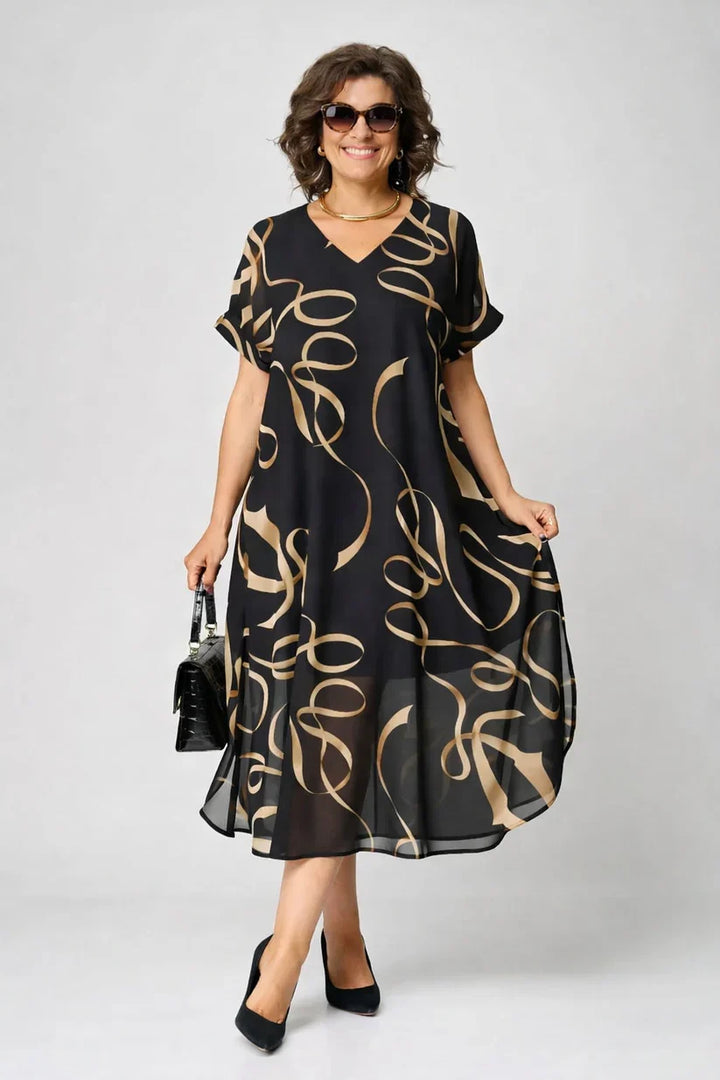 Women's cozy elegant long sleeve midi dress with v-neck, perfect for fall and winter casual wear.