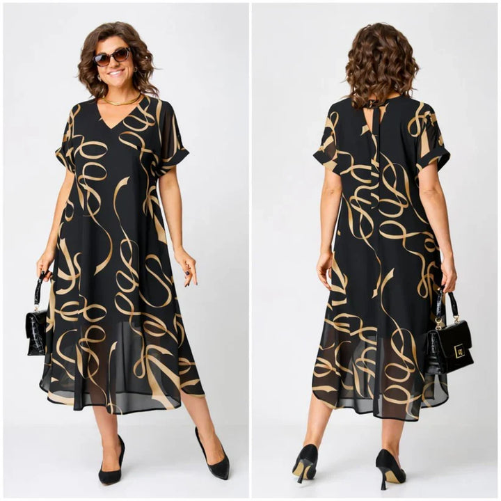 Elegant women's v-neck midi dress, versatile long sleeve style for everyday wear, casual or dressed up.