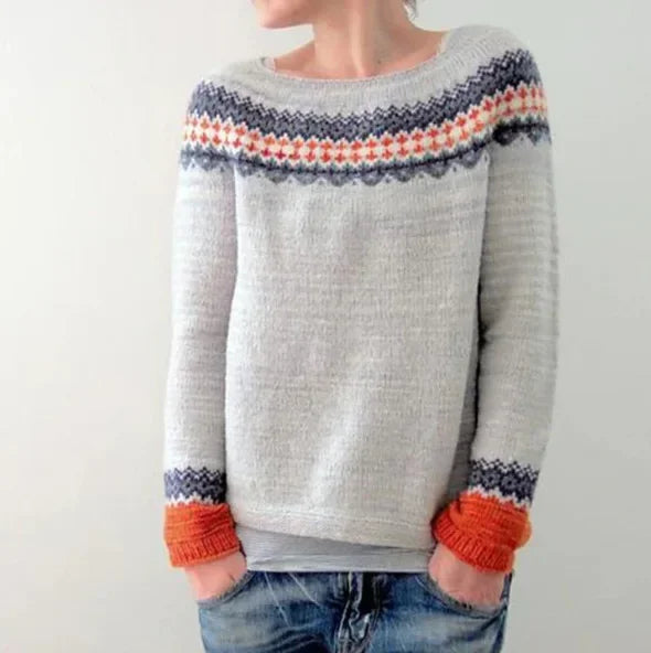 Women's cozy Fair Isle crew neck sweater. Soft knit pullover perfect for winter and fall fashion.
