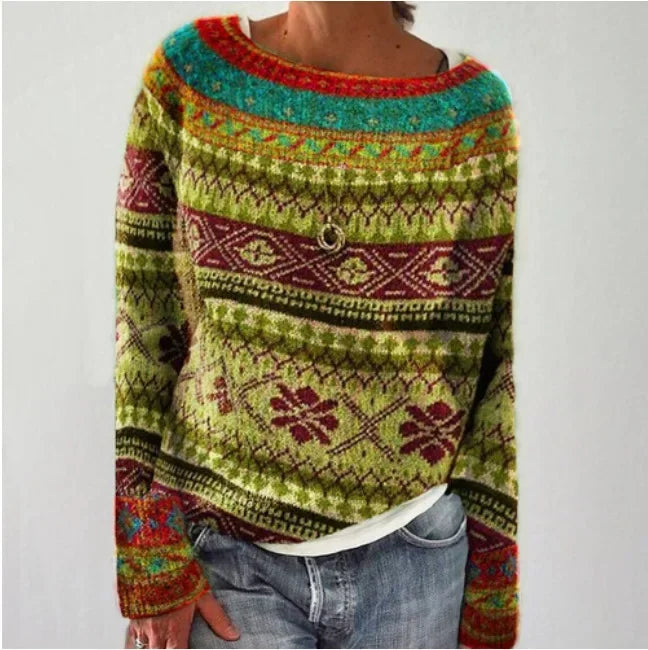 Stylish women's Fair Isle crew neck pullover. Relaxed fit knit sweater, ideal for casual fall and winter wear.