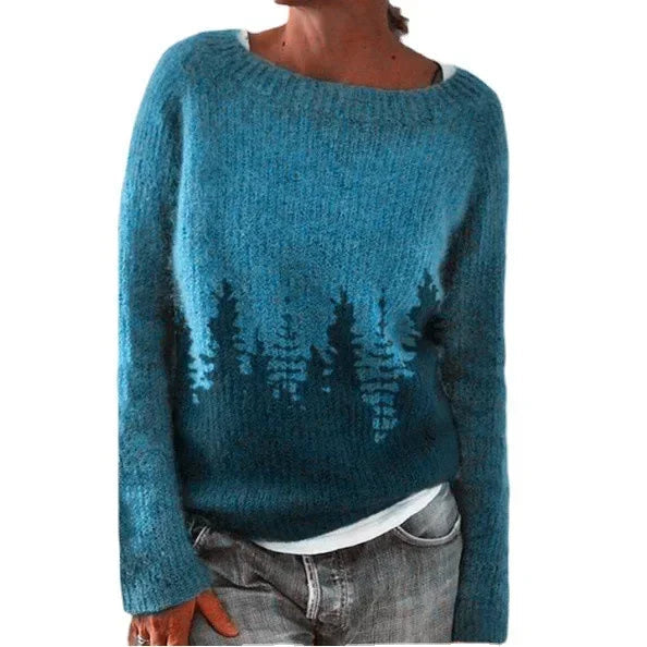 Soft, cozy Fair Isle crew neck women's sweater. Patterned knit pullover, a stylish choice for fall and winter outfits.