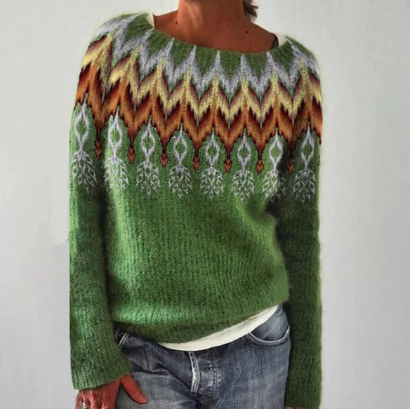 Women's long sleeve Fair Isle crew neck sweater. A comfortable and stylish patterned knit pullover for winter fashion.