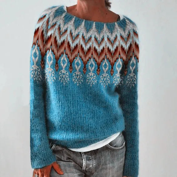 Relaxed fit women's Fair Isle crew neck pullover. Cozy knit sweater, perfect for casual winter and fall fashion.