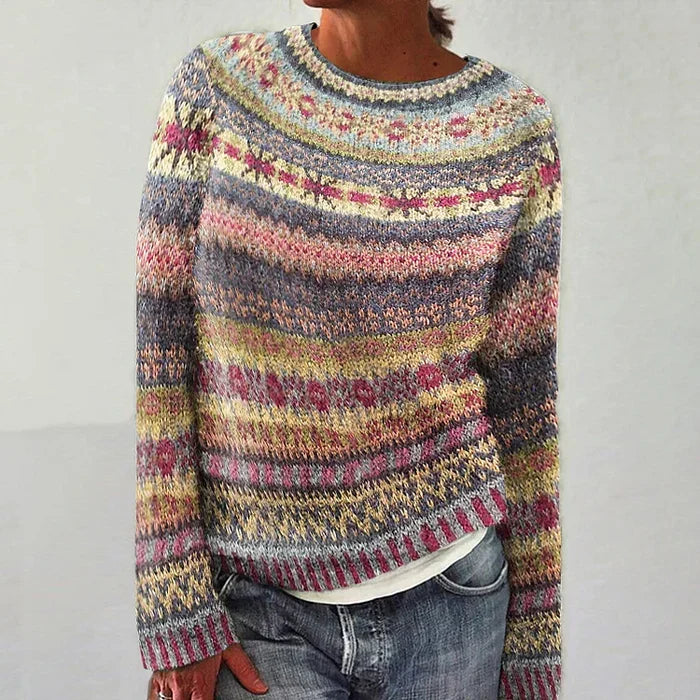 Women's cozy Fair Isle pullover sweater, classic knit top for winter fashion.