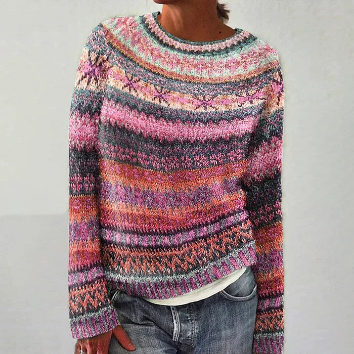 Comfy Fair Isle knit pullover for women, stylish round neck sweater for casual winter wear.