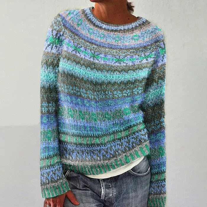 Soft, long-sleeve Fair Isle pullover sweater for women, perfect cozy knit top for everyday style.