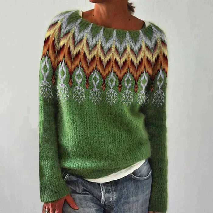 Classic Fair Isle women's sweater, a cozy pullover knit top, ideal winter fashion gift for her.