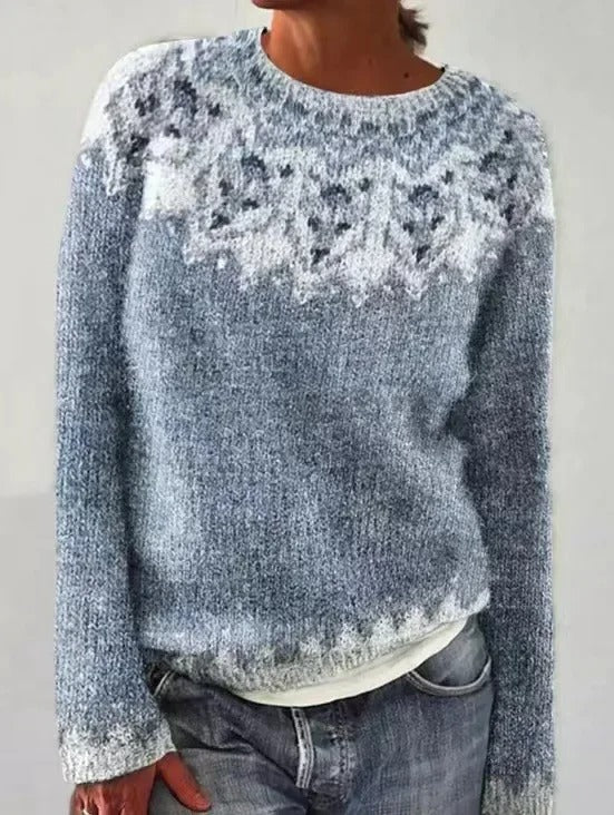 Women's Fair Isle pullover sweater, a cozy long-sleeve knit top with round neck for winter fashion.