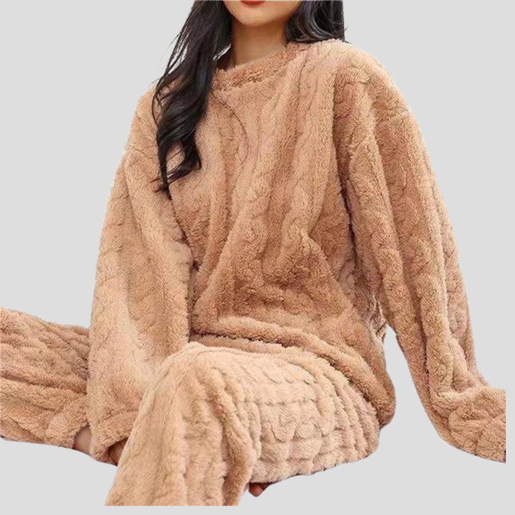 Soft fleece women's pajama set, designed for warmth and comfort. Perfect loungewear and winter sleepwear.