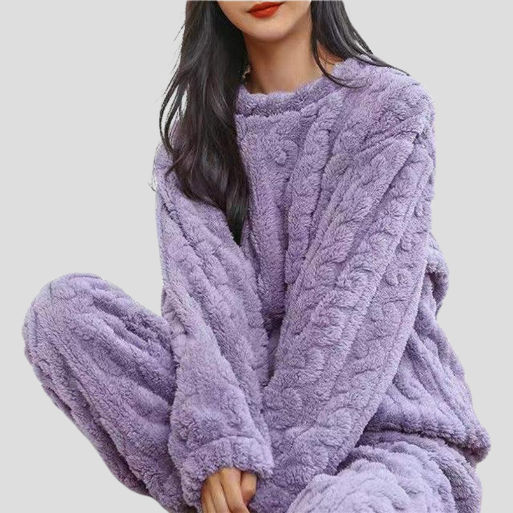 Luxuriously soft & warm women's fleece pajama set. Ideal cozy loungewear & sleepwear for winter comfort.