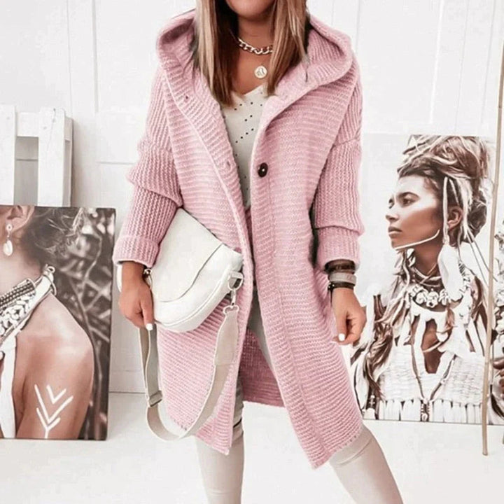 Stylish women's hooded longline cardigan, great for fall outerwear & everyday comfort.
