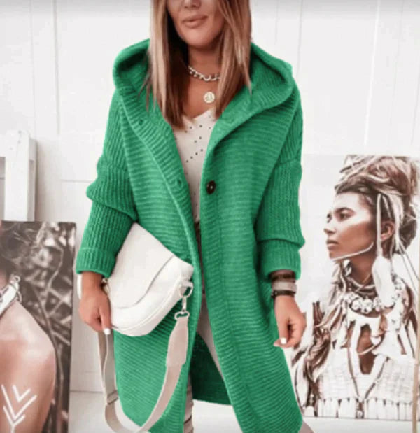 Women's casual hooded cardigan sweater, versatile for layering & chilly winter mornings.