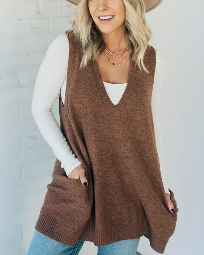 Women's cozy knit A-line vest, perfect for autumn layering & comfort.