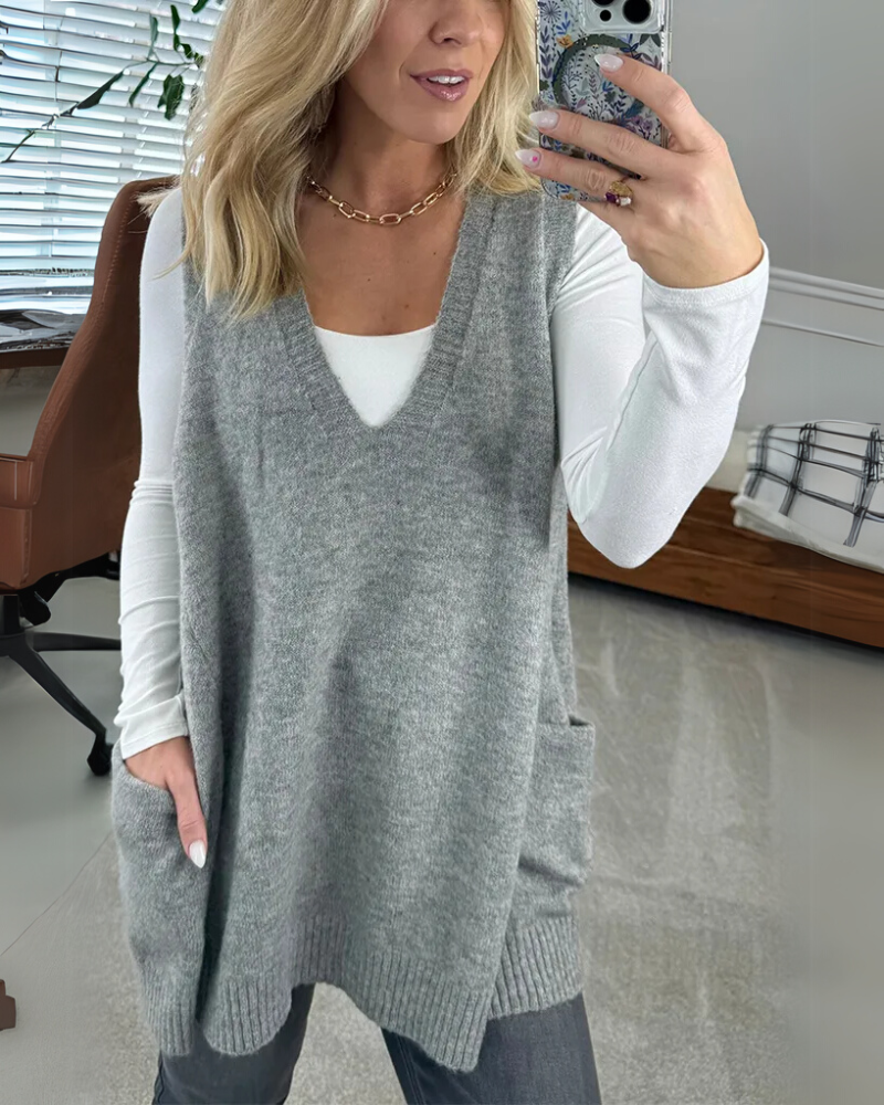 Women's A-line knit vest, a warm layering piece for chilly autumn and winter days.