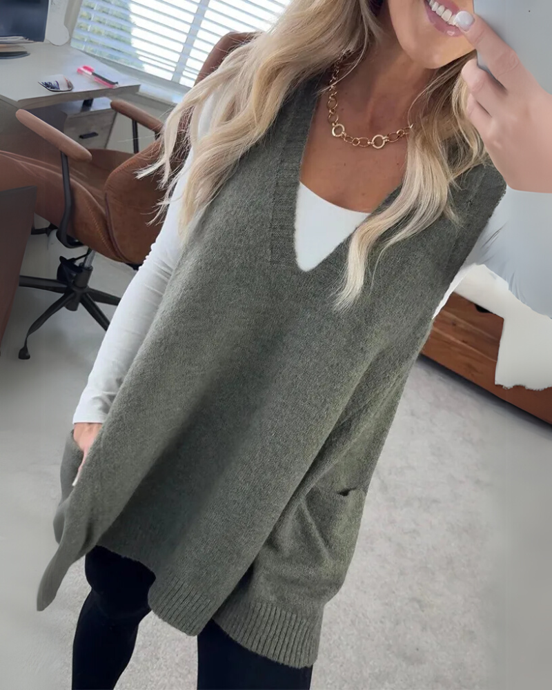 Flattering A-line women's knit vest, a cozy sleeveless layering piece for autumn & winter comfort.