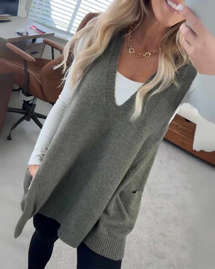 Flattering A-line women's knit vest, a cozy sleeveless layering piece for autumn & winter comfort.