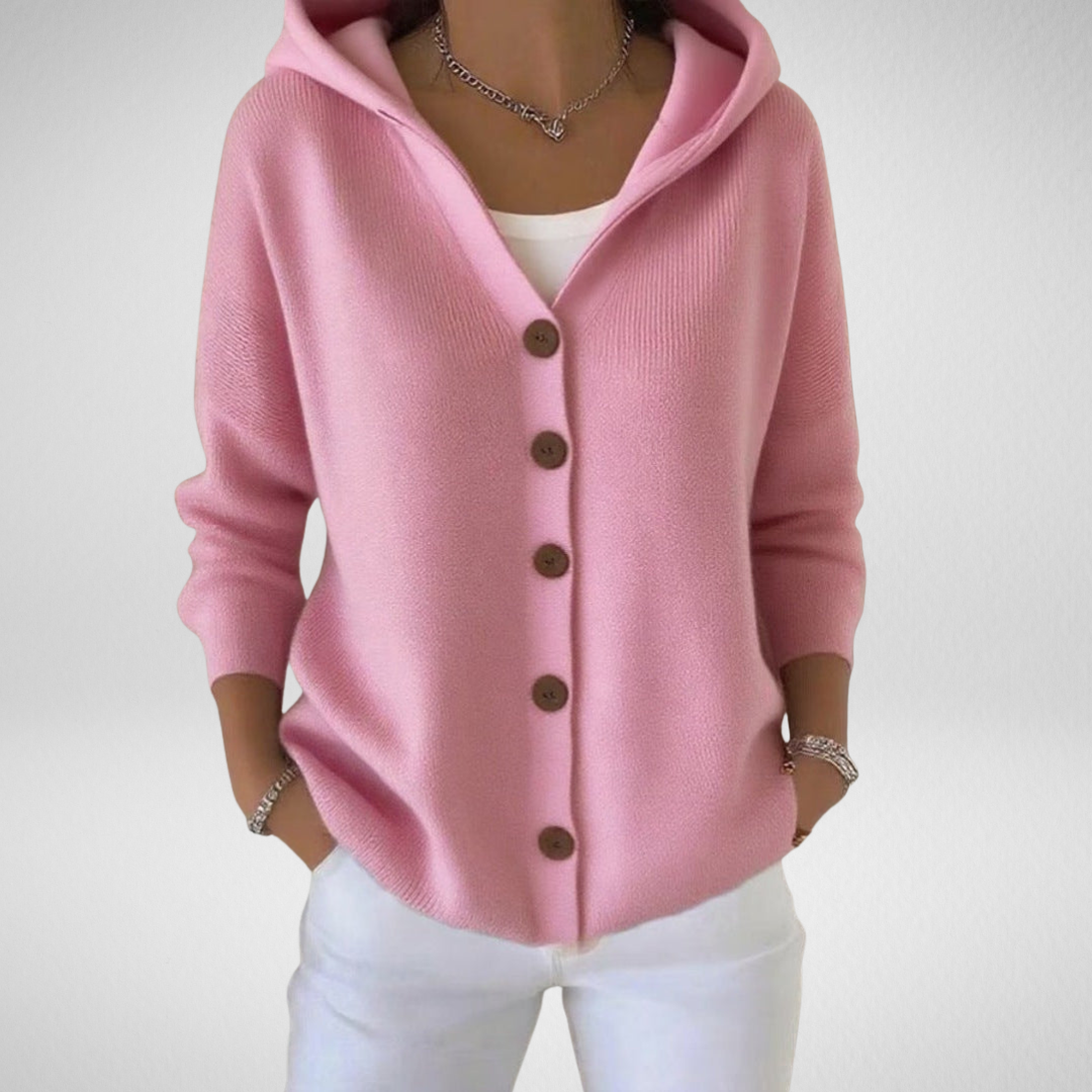 Women's cozy knit hooded cardigan sweater. Soft, warm, and comfortable for everyday wear.
