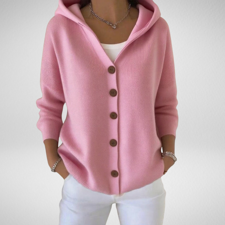 Women's cozy knit hooded cardigan sweater. Soft, warm, and comfortable for everyday wear.