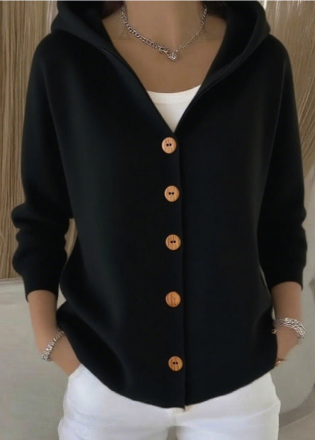 Women's versatile hooded knit cardigan sweater. Cozy, comfortable, elegant, casual layering.