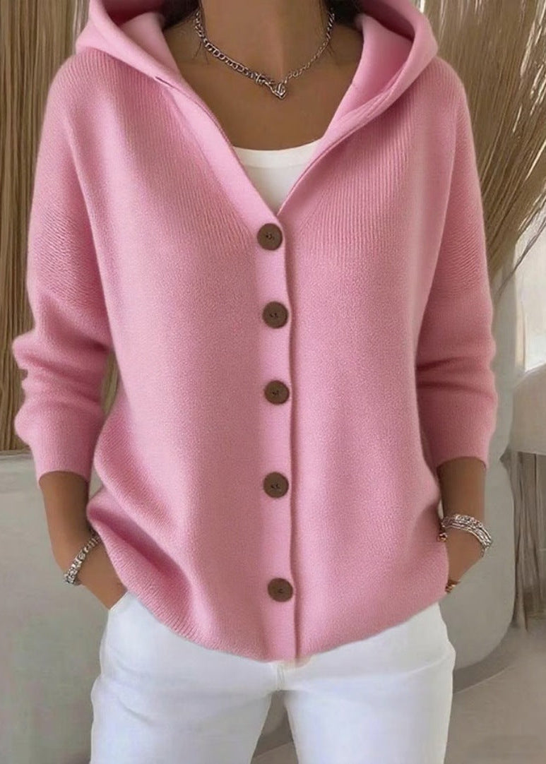 Versatile women's hooded knit cardigan for autumn & spring layering. Elegant & casual style.