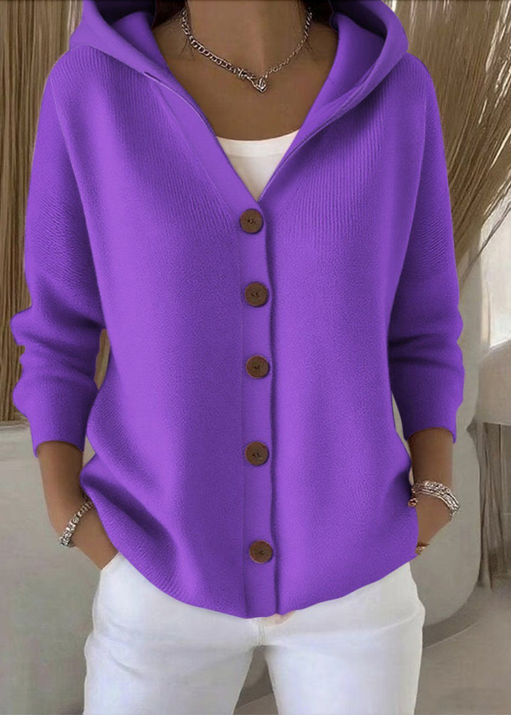 Cozy women's hooded knit cardigan sweater. Ideal for warmth, comfort, and versatile styling.