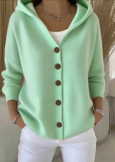 Women's Cozy Knit Hooded Cardigan Sweater. Perfect for elegant casual autumn layering.