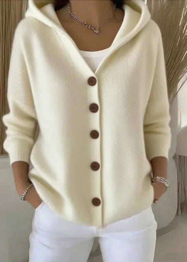 Elegant yet casual women's hooded knit cardigan sweater. Ideal for versatile autumn & spring outfits.