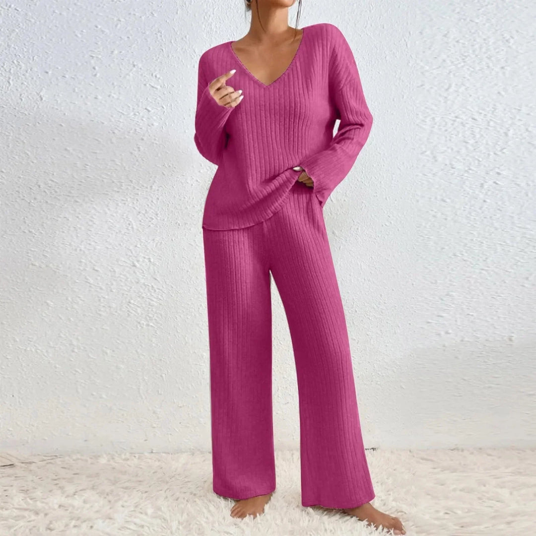 Relaxed fit women's knit loungewear set, V-neck top & wide leg pants for ultimate comfort.