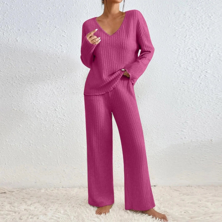 Relaxed fit women's knit loungewear set, V-neck top & wide leg pants for ultimate comfort.
