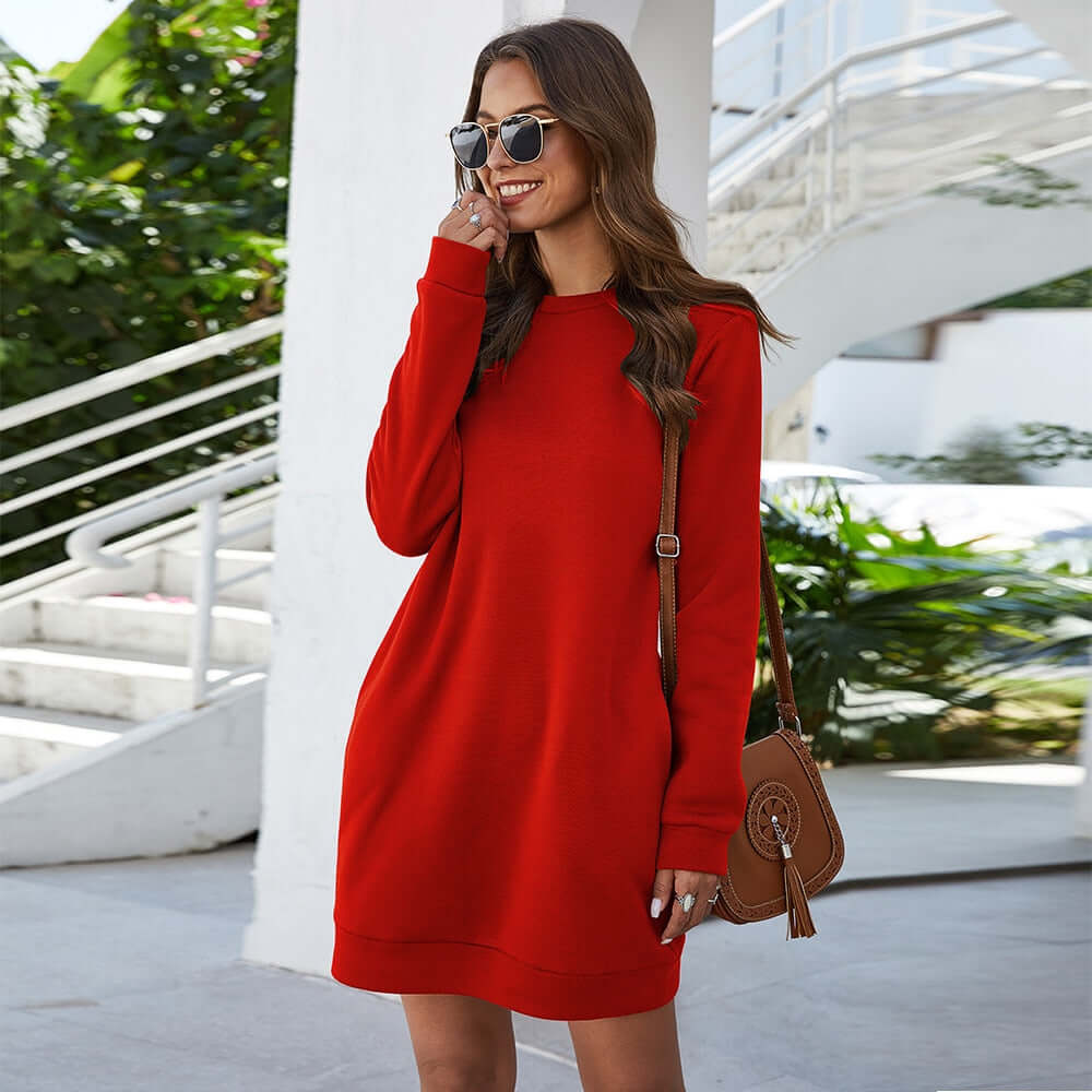 Everyday women's sweater mini dress, loose fit and cozy for long sleeve fall wear.