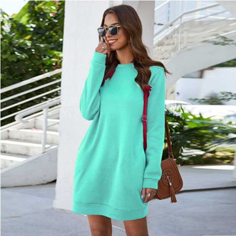 Stylish long sleeve sweater mini dress for women, cozy and versatile for winter.