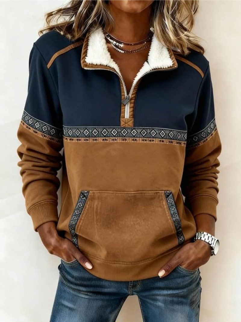 Women's cozy navy & brown colorblock half-zip pullover sweater with a front pocket, perfect for casual fall style.
