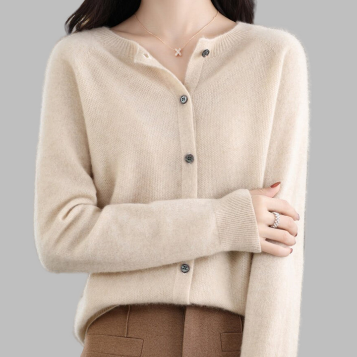 Cozy long sleeve O-neck cardigan. Women's comfortable knitwear, ideal for stylish layering.