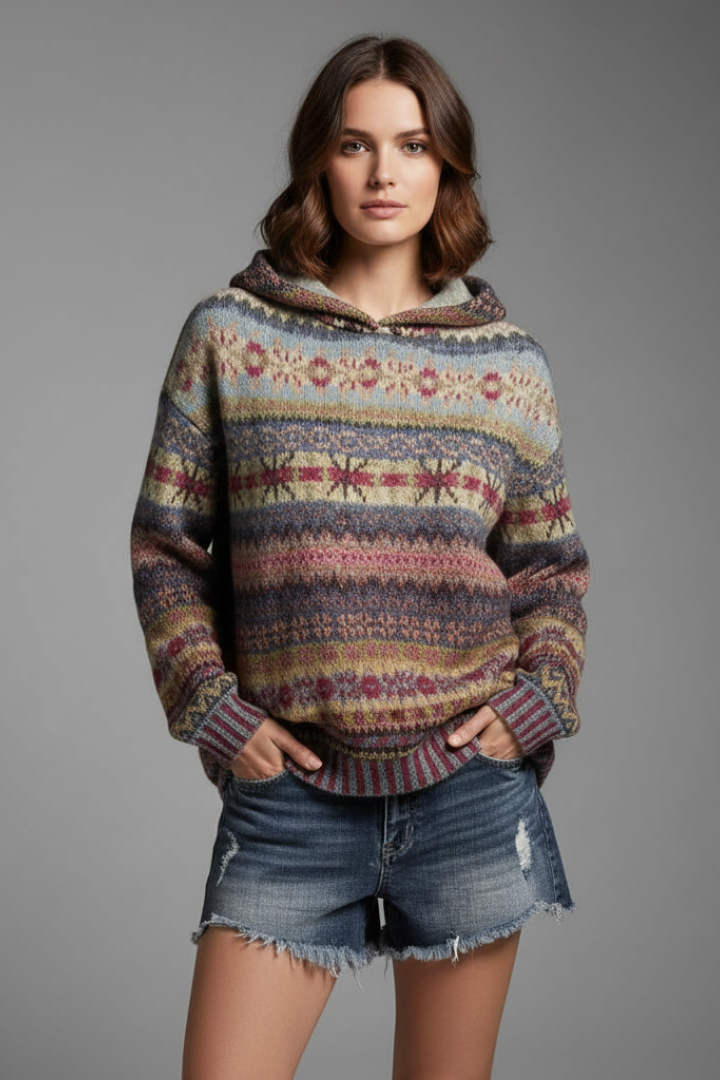 Stylish women's patterned hooded sweatshirt, soft & cozy for casual everyday wear.