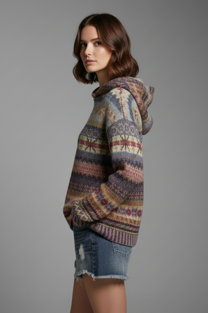 Comfortable women's patterned hoodie, ribbed cuffs & hood, perfect for cozy winter fashion.