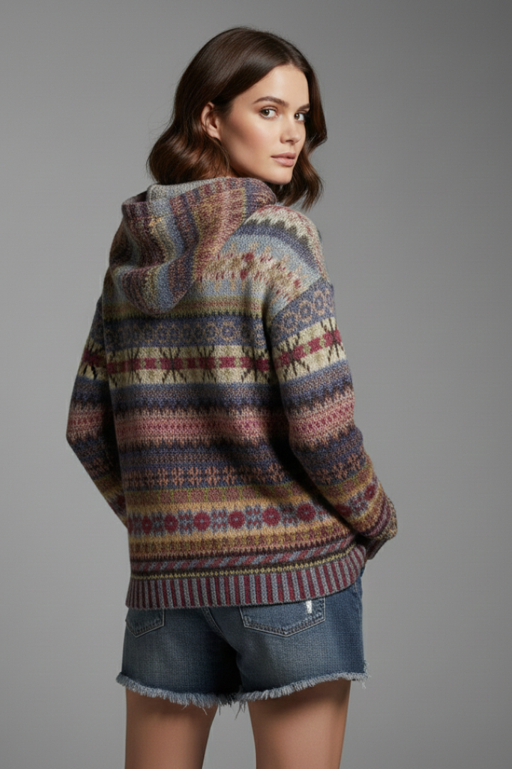 Soft women's patterned hoodie with ribbed cuffs, ideal for cozy casual everyday wear.