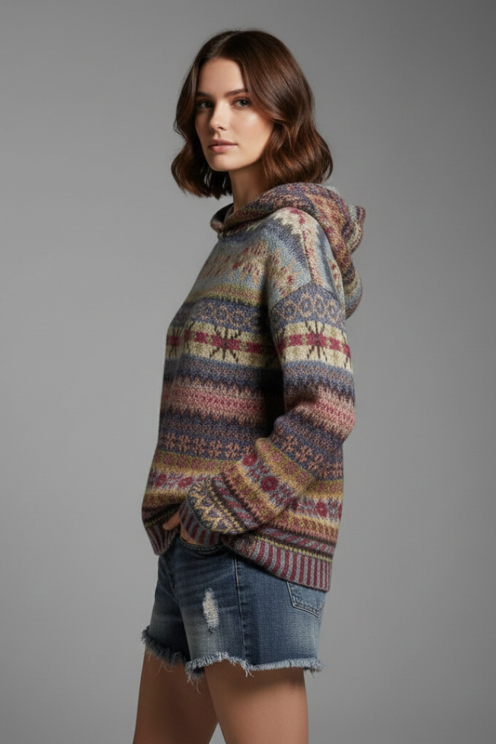 Fashionable women's patterned hoodie with ribbed cuffs, ultimate stylish comfort.