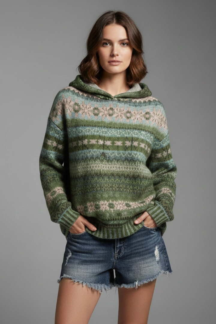 Women's patterned hooded sweatshirt, featuring cozy ribbed cuffs & comfortable fit.