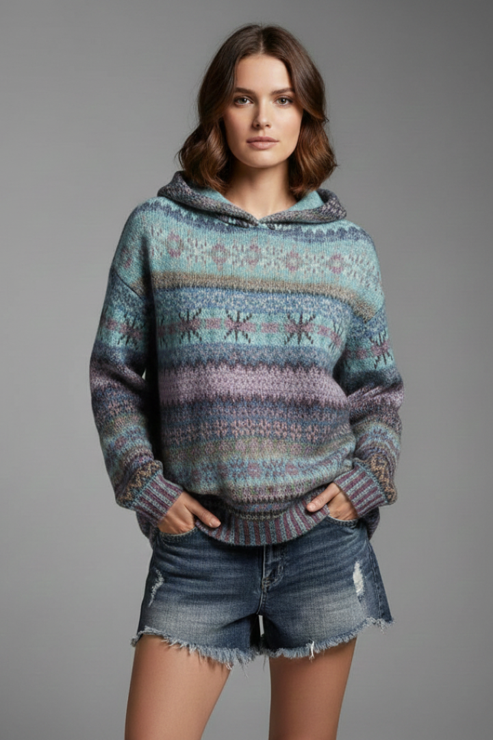 Cozy women's patterned hoodie, a stylish everyday top with comfortable ribbed cuffs.