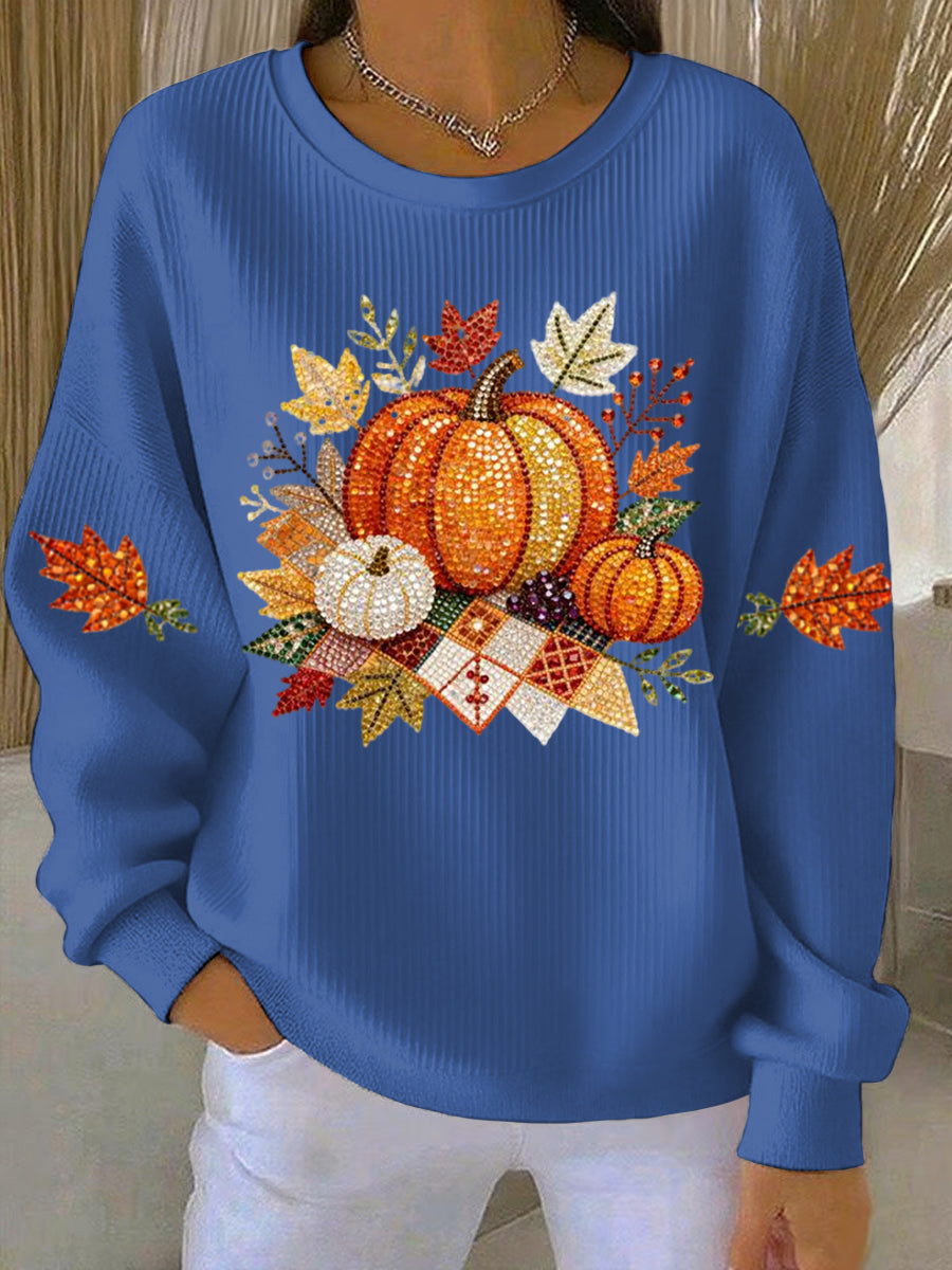 Round neck, loose fit women's pumpkin print sweatshirt for comfortable everyday fall wear.