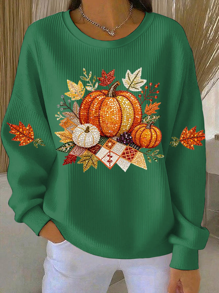 Stylish women's pumpkin graphic long sleeve sweatshirt, a comfortable & cozy top for fall fashion.