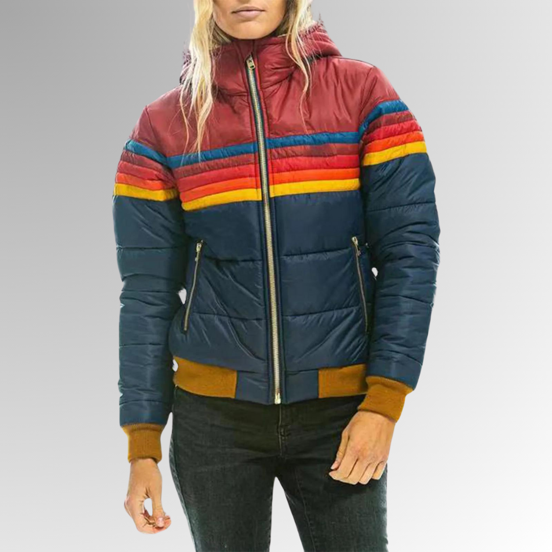 Stylish women's black quilted puffer jacket, perfect for warm winter & fall outerwear, with a cozy hood.