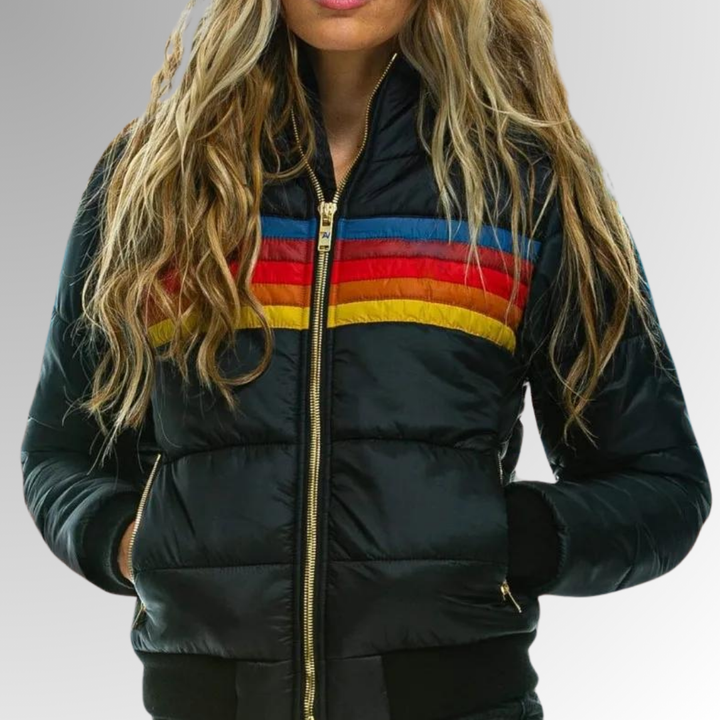 Back view of a comfortable women's hooded puffer jacket, ideal for casual everyday fall & winter wear.