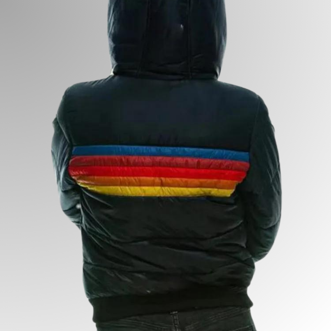 Versatile women's black puffer jacket, quilted and hooded, a stylish choice for casual fall & winter fashion.