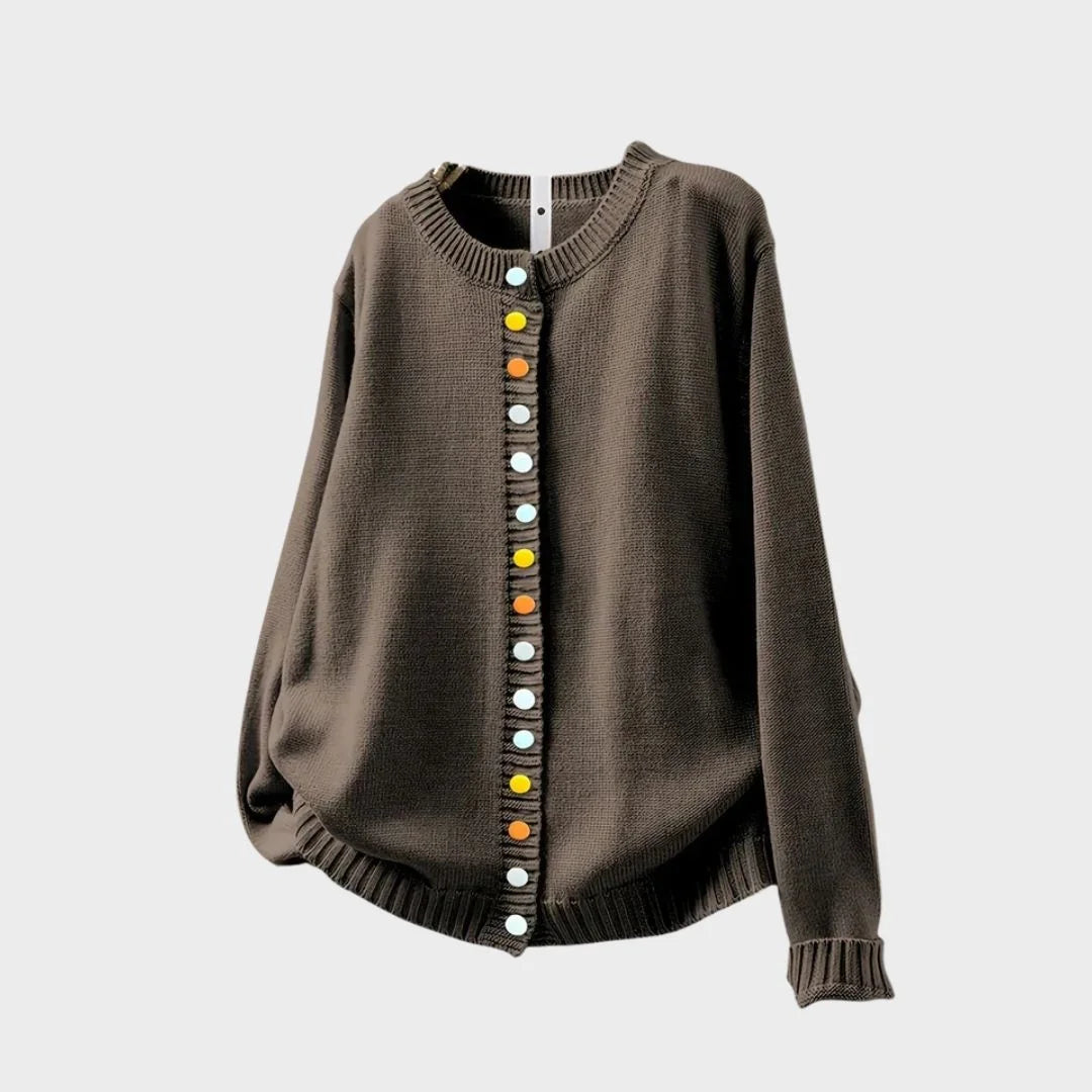 Chic women's relaxed-fit cardigan sweater, soft and comfortable, featuring unique multi-color buttons.