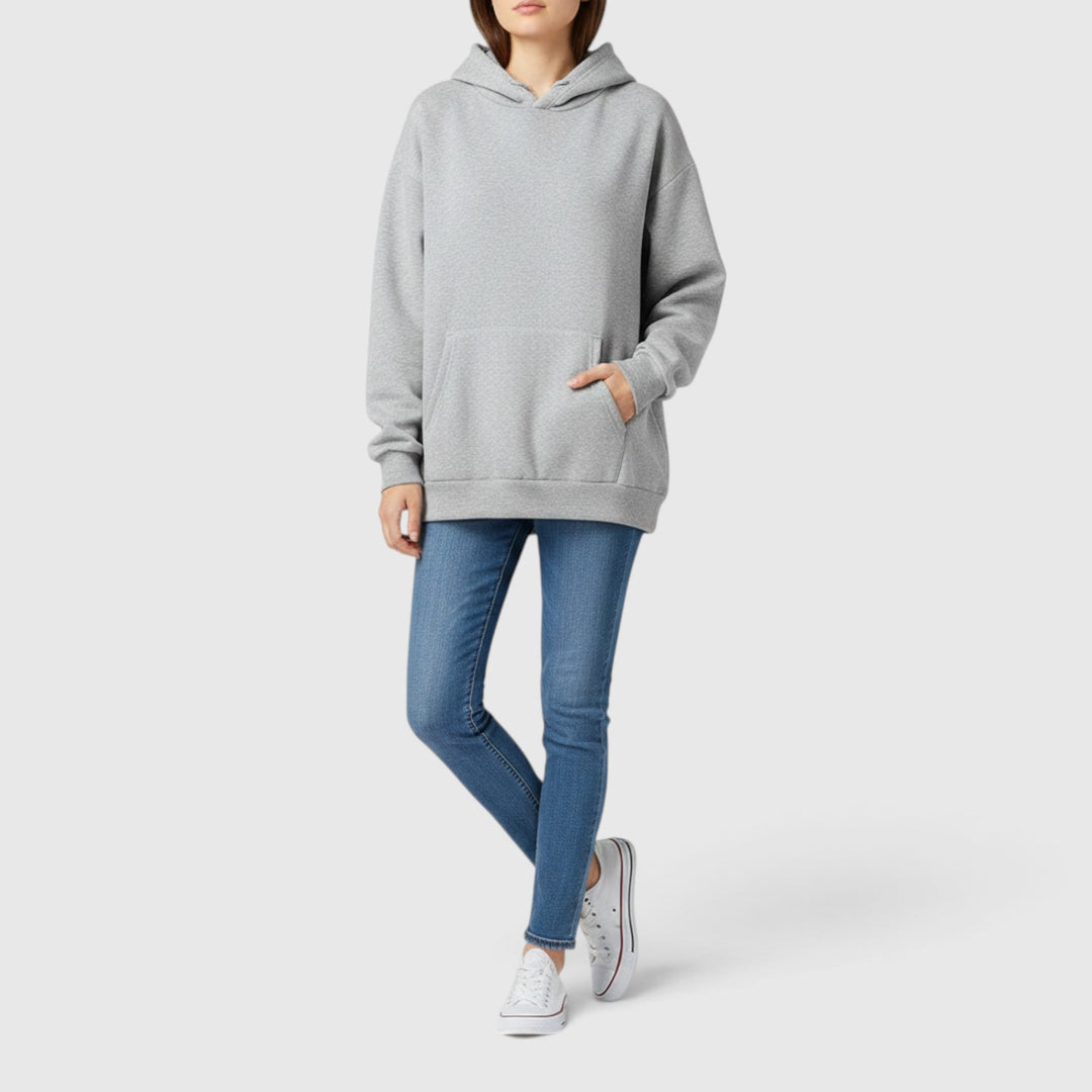 Oversized women's pullover hoodie with drawstring hood & front kangaroo pocket, ideal for relaxed everyday wear.